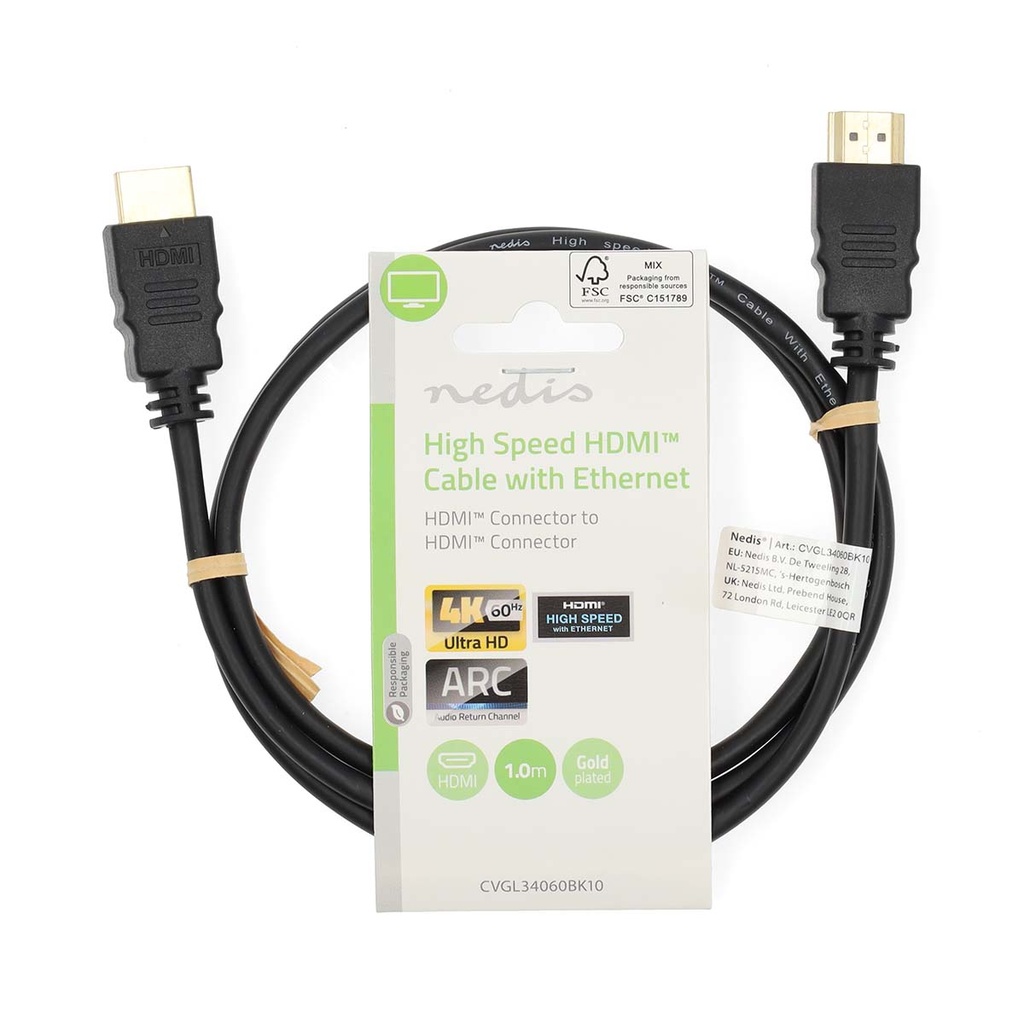 Nedis CVGL34060BK10 High Speed ​​HDMI-kabel met Ethernet HDMI 2.0 1m Zwart