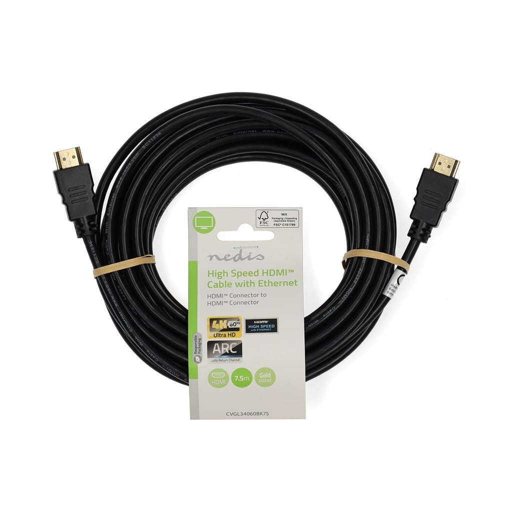 Nedis CVGL34060BK75 High Speed ​​HDMI-kabel met Ethernet HDMI 2.0 7,5 m Zwart