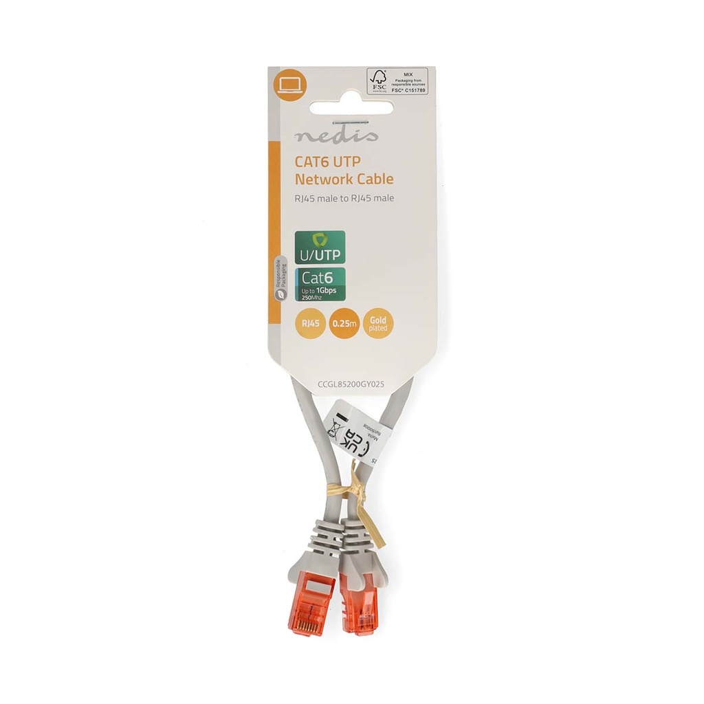 Nedis CCGL85221BK100 CAT6 Netwerkkabel U/UTP 25cm grijs