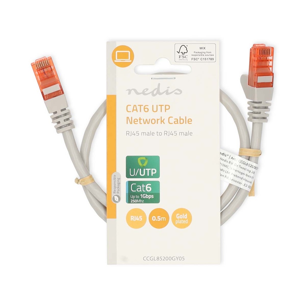 Nedis CCGL85200GY05 CAT6 netwerkkabel U/UTP 50 cm grijs
