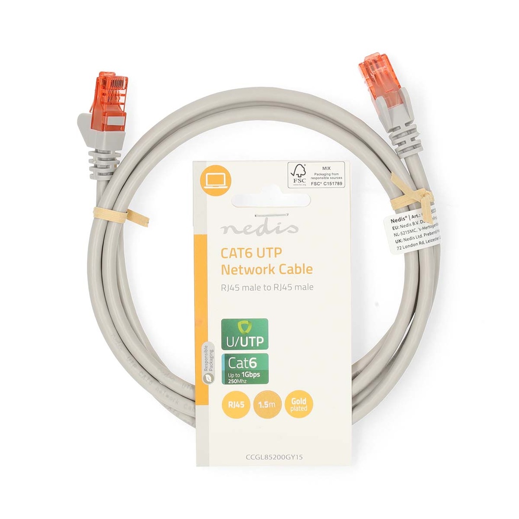 Nedis CCGL85200GY15 CAT6 netwerkkabel U/UTP 1,5 m grijs