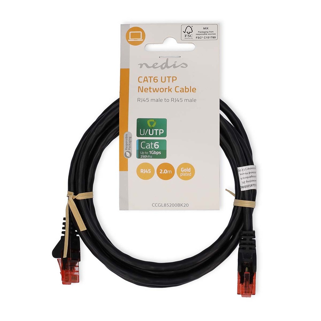 Nedis CCGL85200BK20 CAT6 netwerkkabel U/UTP 2m Zwart
