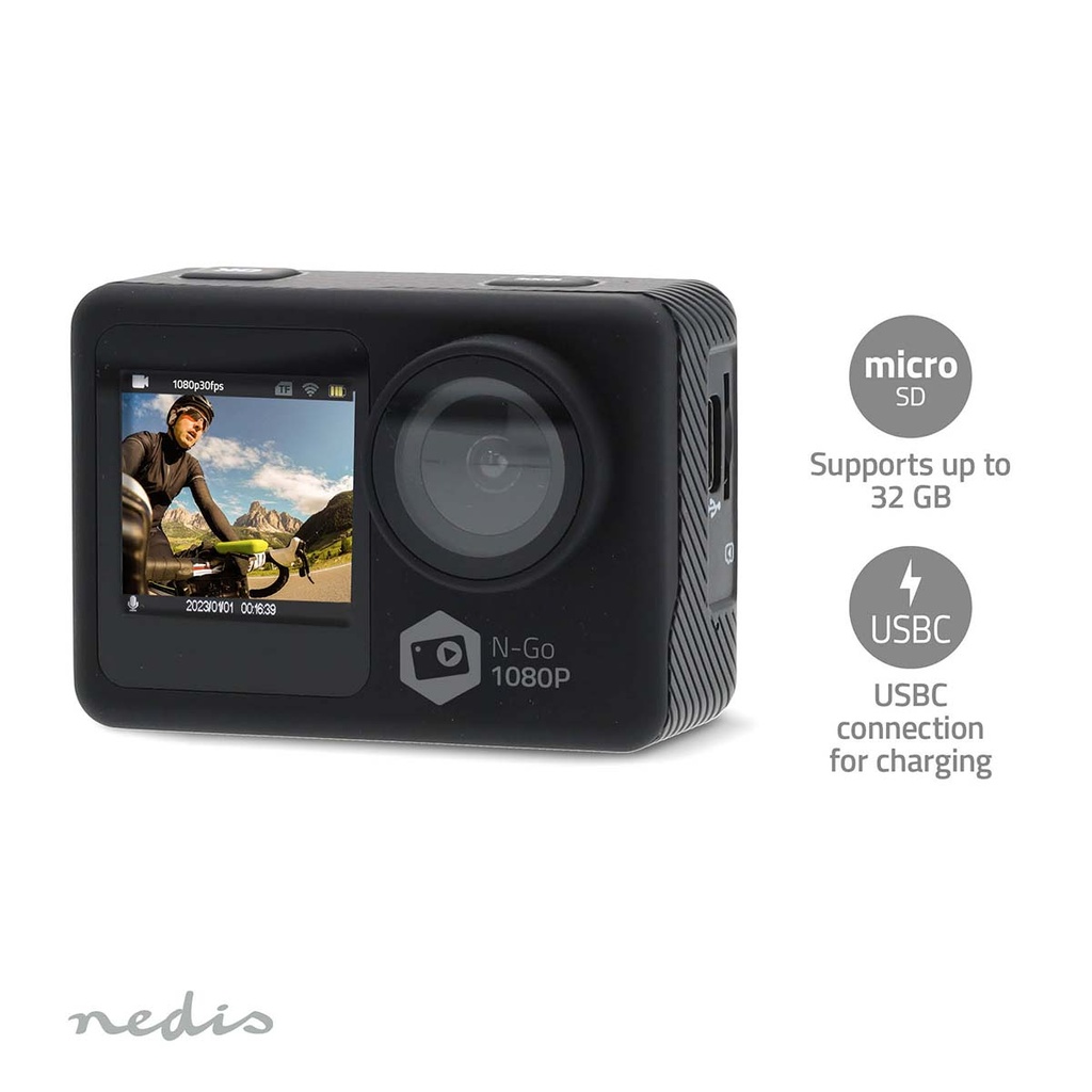 Nedis ACAM31BK Action Cam Dubbel scherm 1080p@30fps 12 M Waterbestendig Zwart