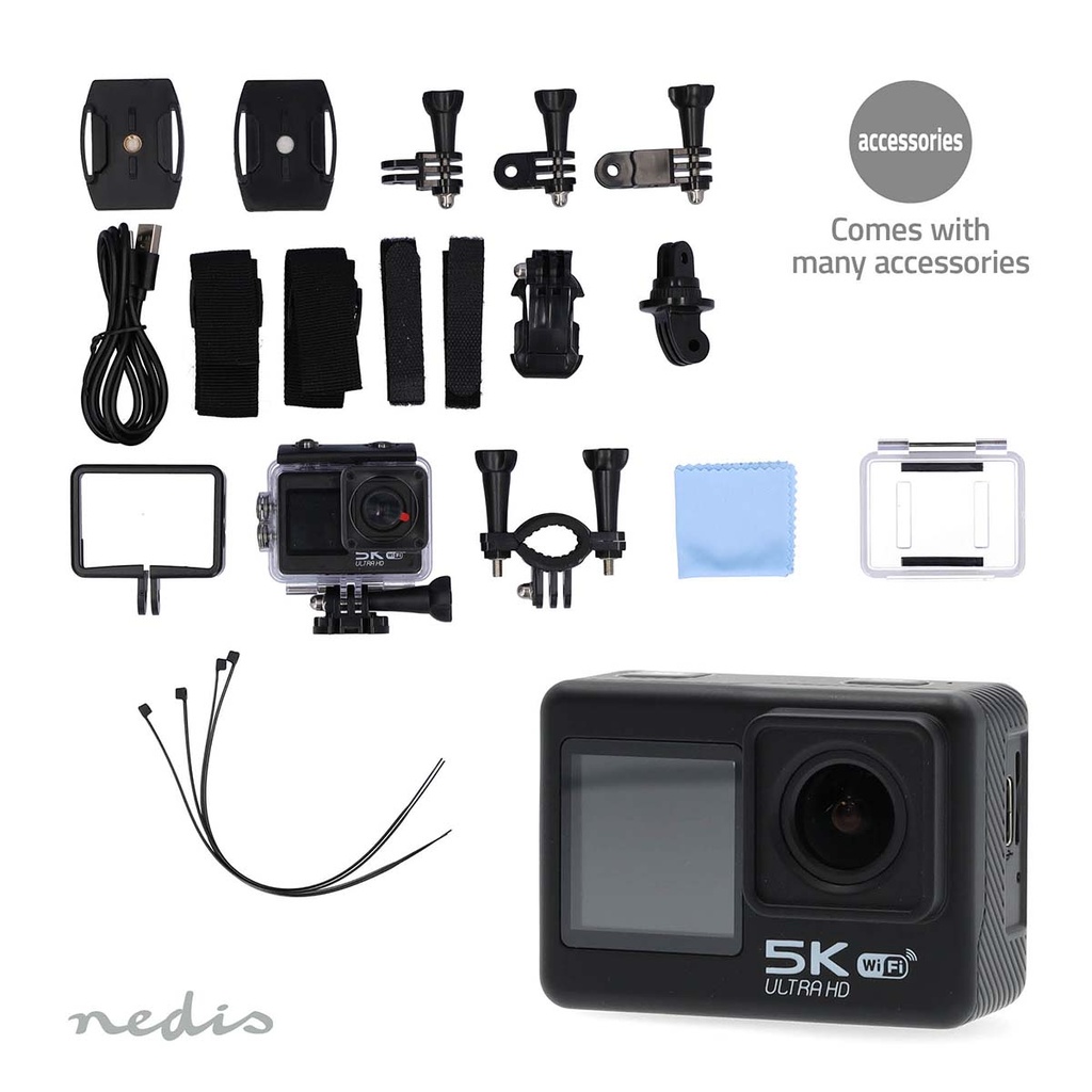 Nedis ACAM71BK Action Cam Dubbel scherm 5K@30fps 16 MP Waterbestendig Zwart