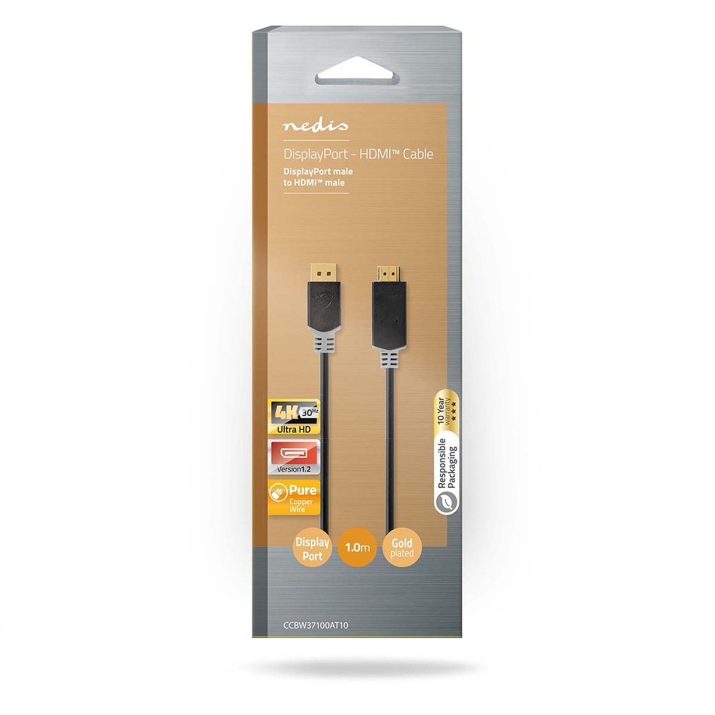 Nedis CCBW37100AT10 DisplayPort-Kabel DisplayPort - HDMI  4K@30Hz Verguld 1m Zwart