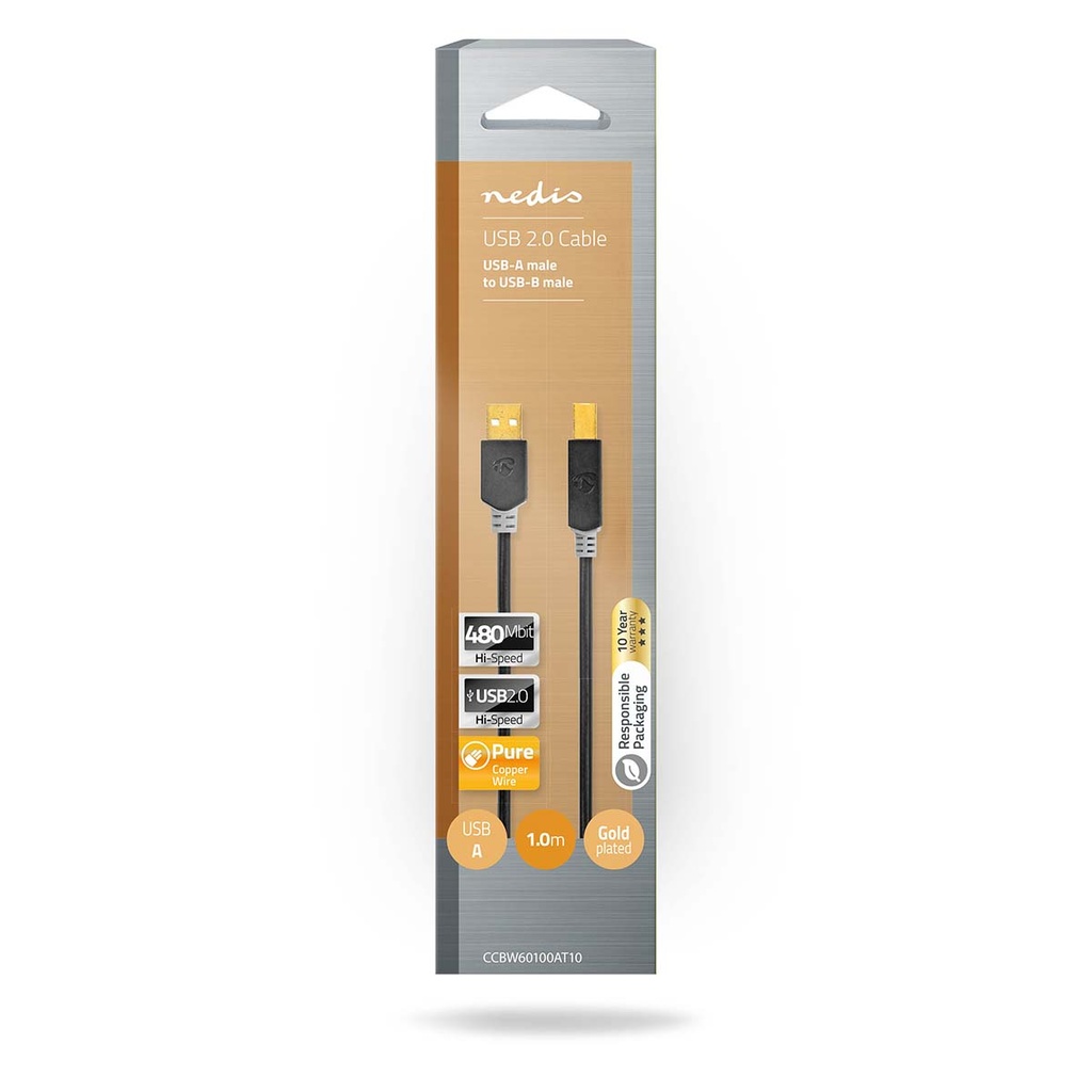 Nedis CCBW60100AT10 USB2.0-Kabel USB-A - USB-B 480 Mbps Verguld 1m Zwart