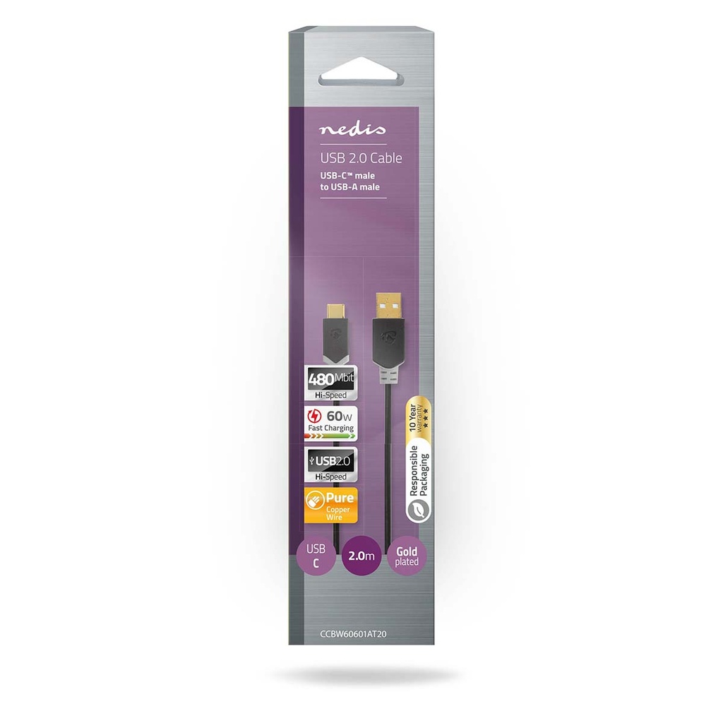 Nedis CCBW60601AT20 USB 2.0-Kabel USB-A - USB-C 60W 480 Mbps Verguld 2m Zwart