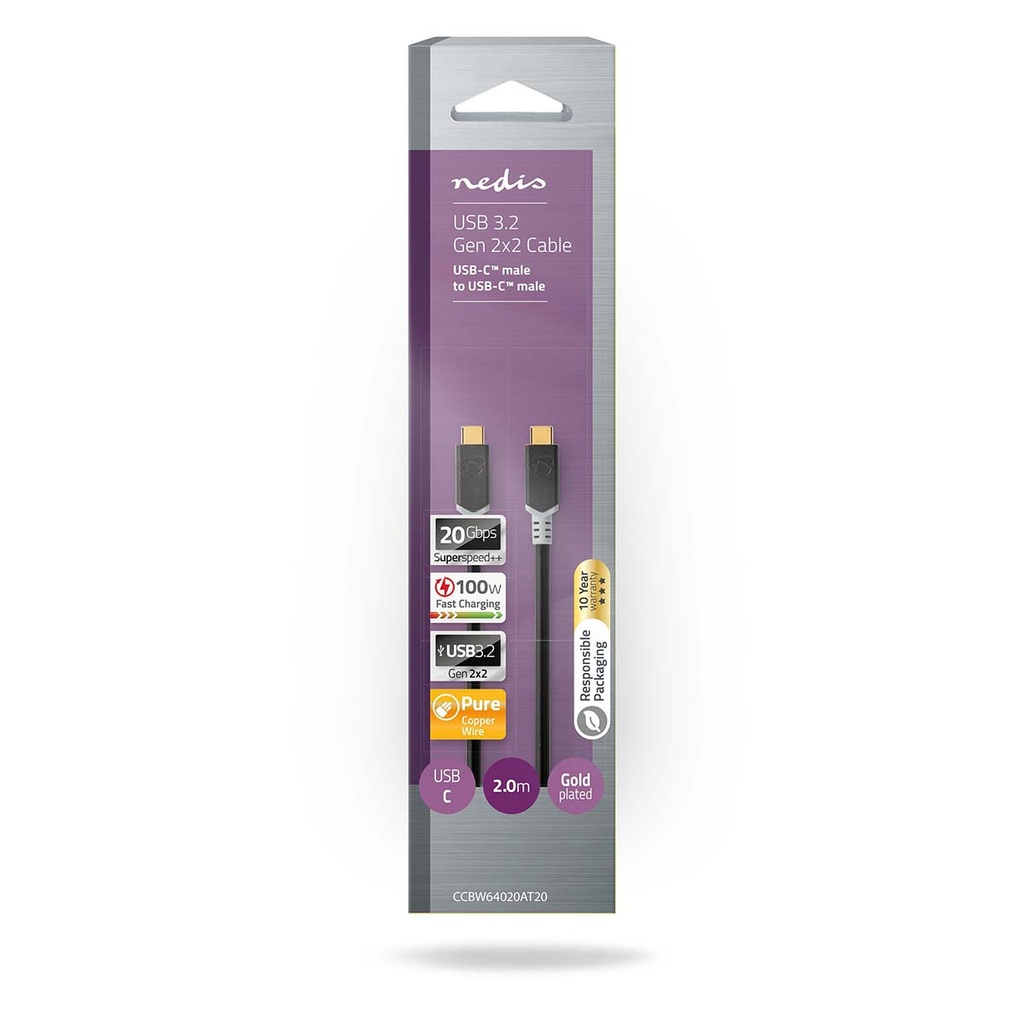 Nedis CCBW64020AT20 USB 3.2 Gen 2x2-Kabel USB-C 100W 4K@60Hz 20 Gbps Verguld 2m Zwart