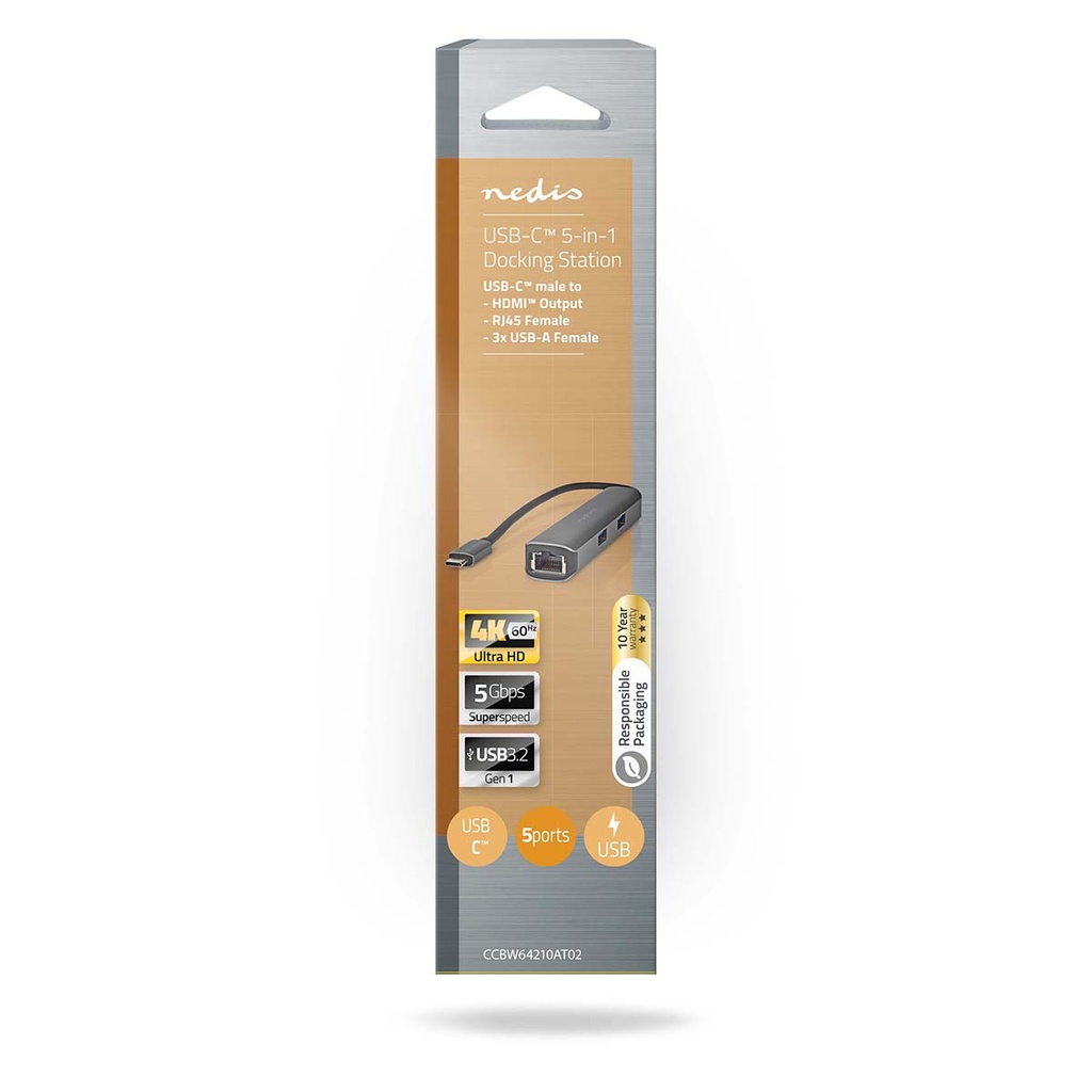 Nedis CCBW64210AT02 USB 3.2 Gen 1 Multi-Port Adapter USB-C - HDMI - RJ45 - 3x USB-A 5 Gbps 20cm Zwart