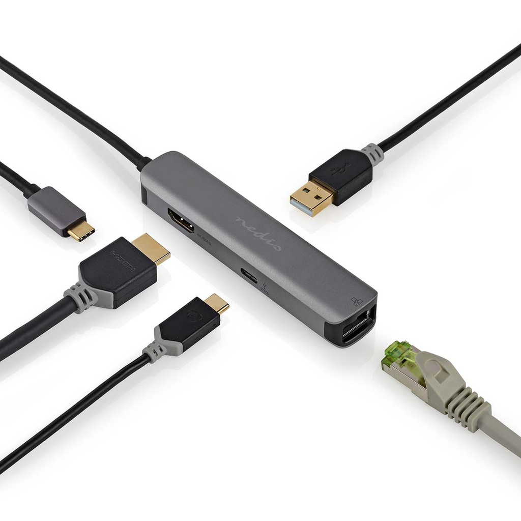 Nedis CCBW64220AT02 USB 3.2 Gen 1 Adapter USB-C - HDMI + RJ45 + USB-A + USB-C 5 Gbps 20cm Zwart