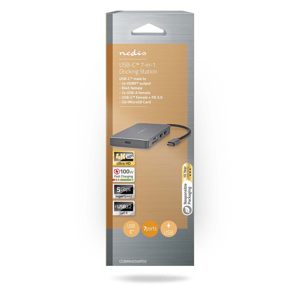Nedis CCBW64250AT02 USB 3.2 Gen 1 Multi-Port Adapter 7in 1 USB-C Verguld Zwart