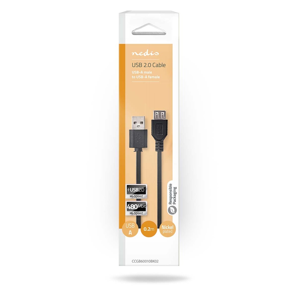 Nedis CCGB60010BK02 USB 2.0-Kabel USB-A - USB-A vrouwelijk 480 Mbps Vernikkeld 20cm Zwart