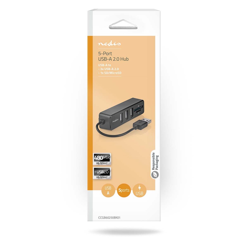 Nedis CCGB60250BK01 USB-Hub 5-Poorts poorts 3x USB A SD & MicroSD USB 2.0 Zwart