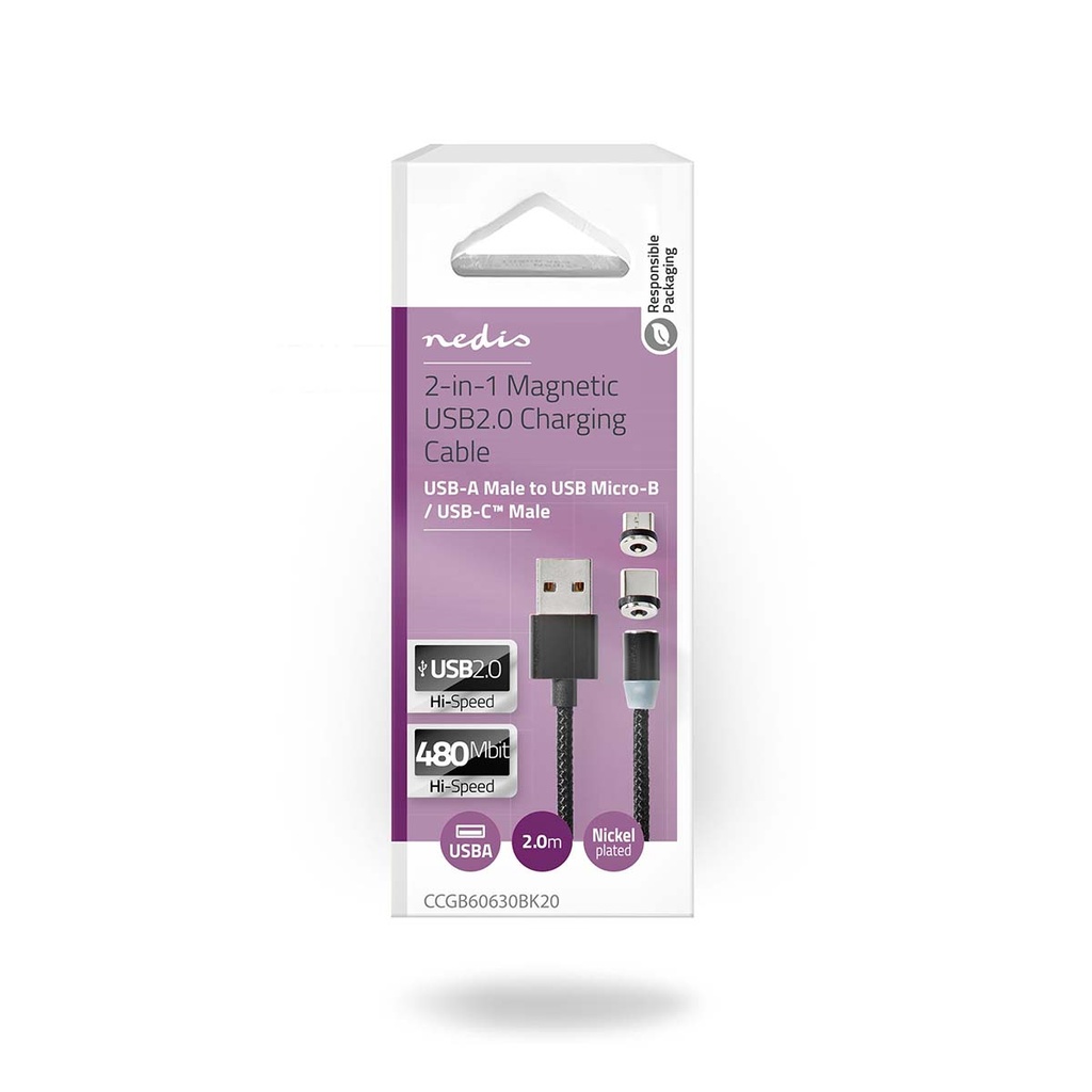 Nedis CCGB60630BK20 USB 2.0-Kabel USB-A - USB Micro-B / USB-C Male 10 W Geen Data Vernikkeld 2m Zwart