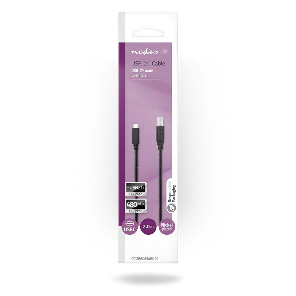 Nedis CCGB60650BK20 USB 2.0-Kabel USB-C - USB-B 480 Mbps Vernikkeld 2m Zwart