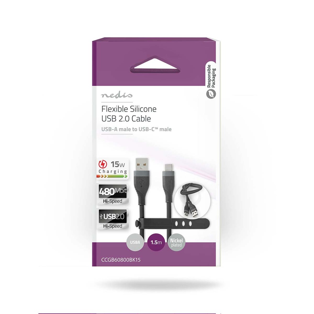 Nedis CCGB60800BK15 USB 2.0-Kabel USB-A - USB-C 15 W 480 Mbps Vernikkeld 1.5m Zwart
