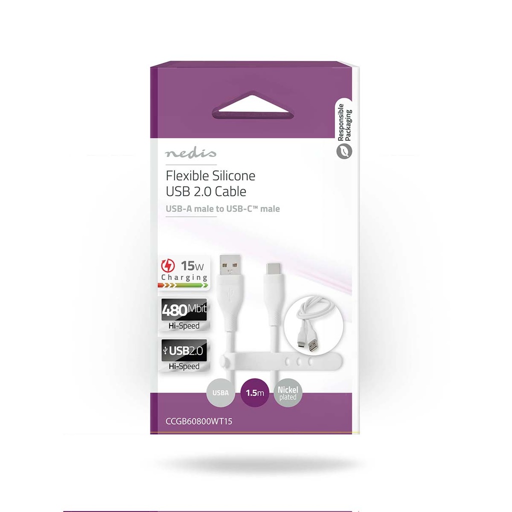 Nedis CCGB60800WT15 USB 2.0-Kabel USB-A - USB-C 15 W 480 Mbps Vernikkeld 1.5m Wit