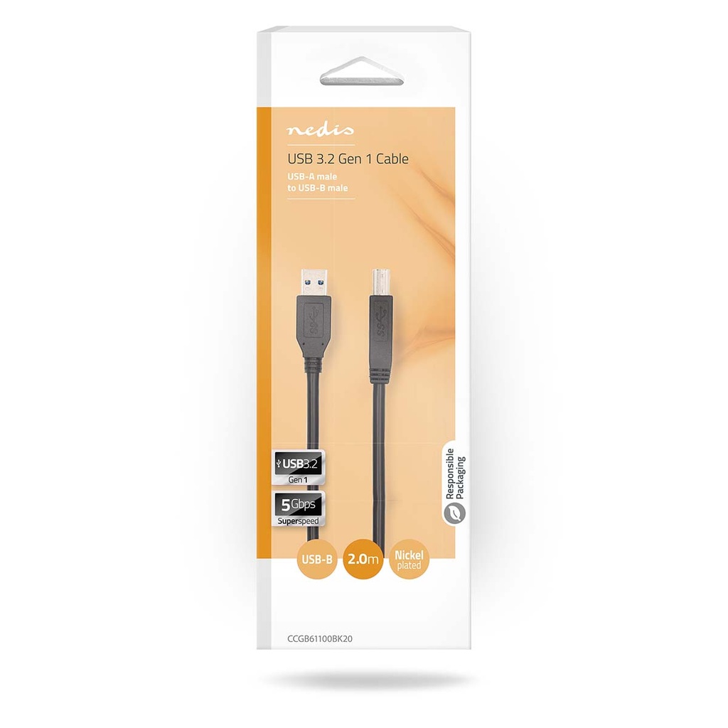 Nedis CCGB61100BK20 USB 3.2 Gen 1-Kabel USB-A - USB-B 5 Gbps Vernikkeld 2m Zwart 