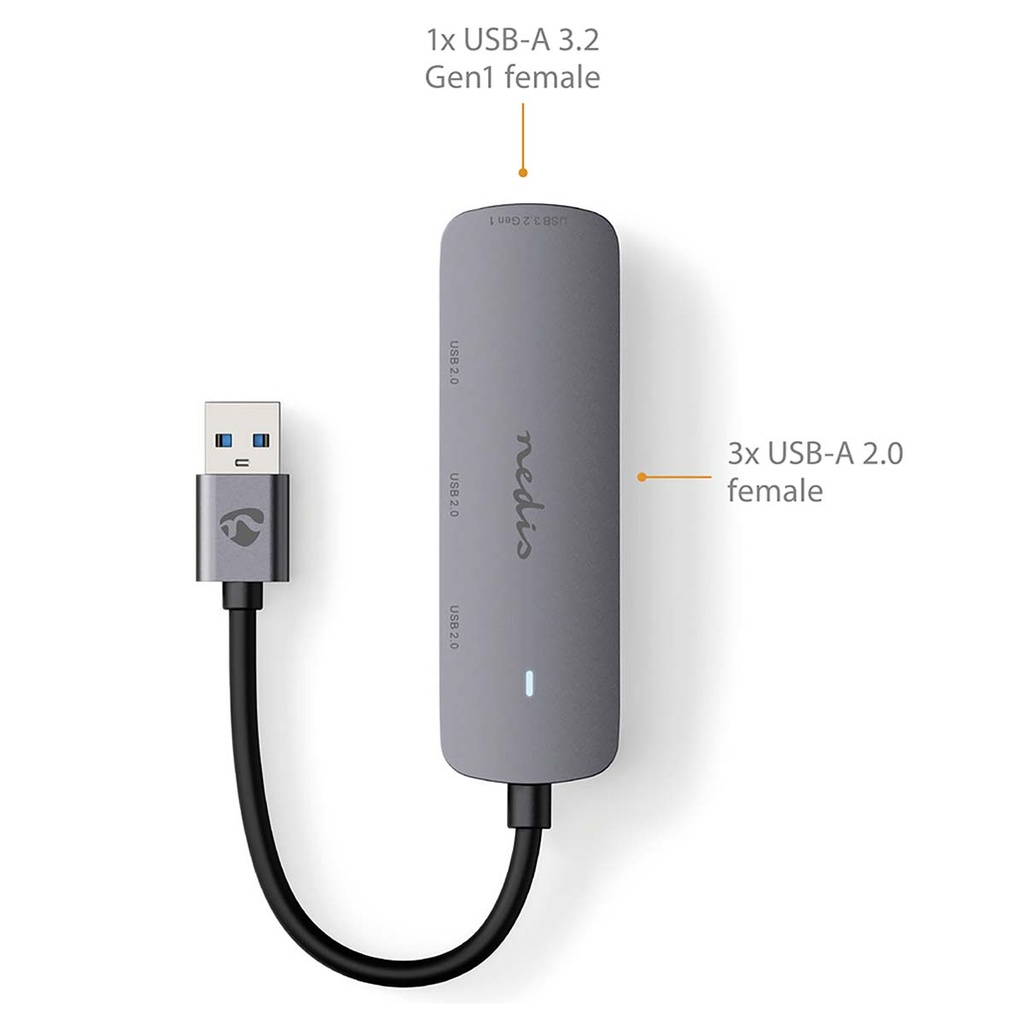 Nedis CCGB61210GY01 USB-Hub 4x USB A Vrouwelijk USB 2.0 / USB 3.2 Gen 1 Grijs