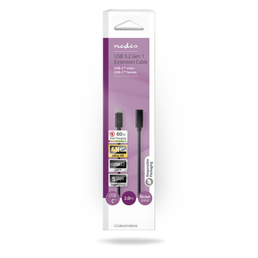 Nedis CCGB64010BK20 USB 3.2 Gen 1-Kabel USB-C - USB-C Vrouwelijk 5 Gbps Vernikkeld 2m Zwart