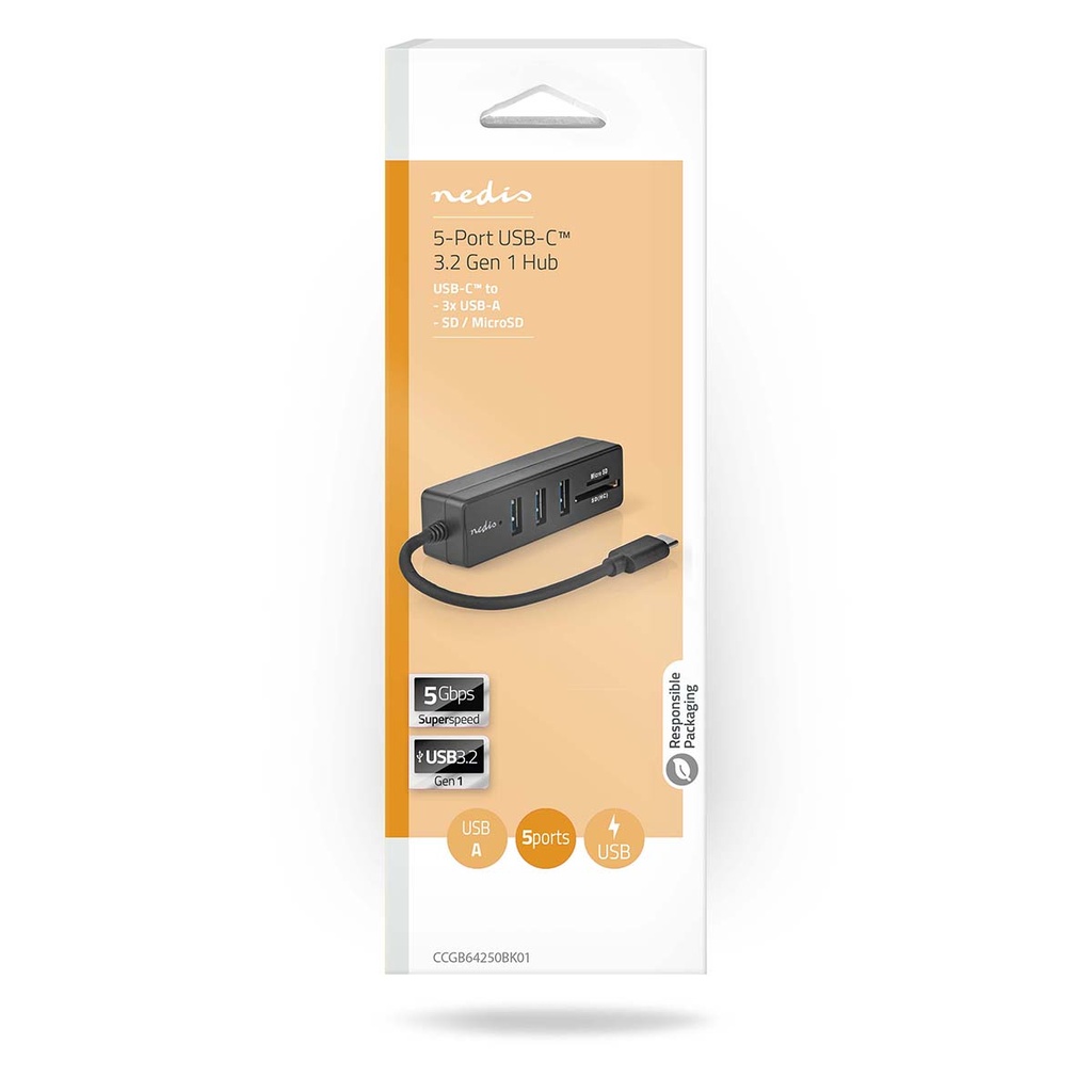 Nedis CCGB64250BK01  USB 3.2 Gen 1-Hub USB-C -3x USB A / SD & MicroSD 5 Gbps Zwart