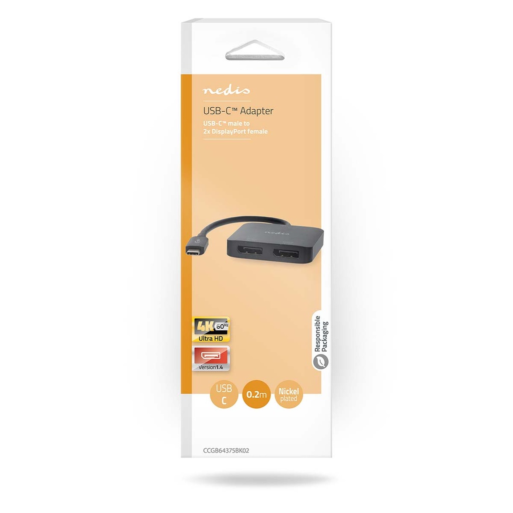 Nedis CCGB64375BK02 USB 3.2 Gen 1 Adapter USB-C - 2x Displayport Vrouwelijk 4K@60Hz 20cm Zwart