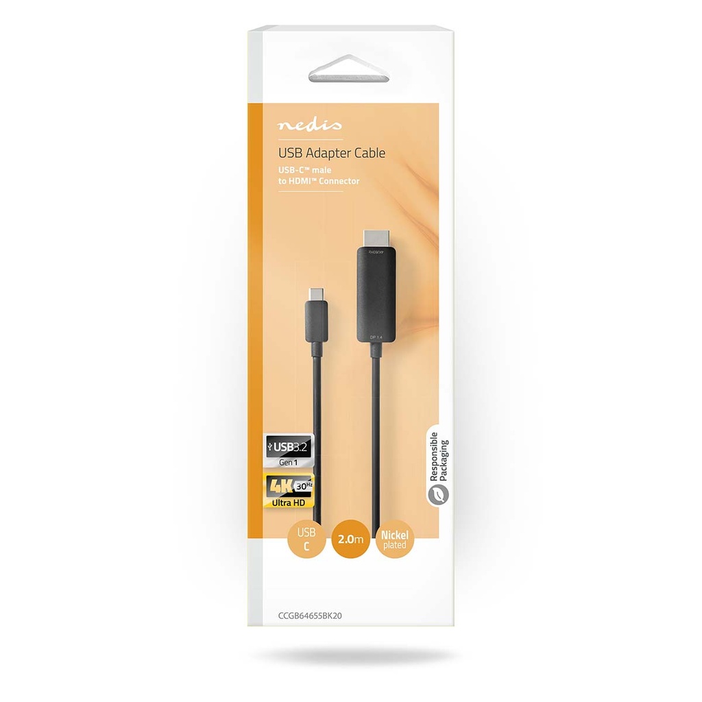 Nedis CCGB64655BK20 USB 3.2 Gen 1 Adapter USB-C - HDMI 4K@60Hz 2m Vernikkeld Zwart