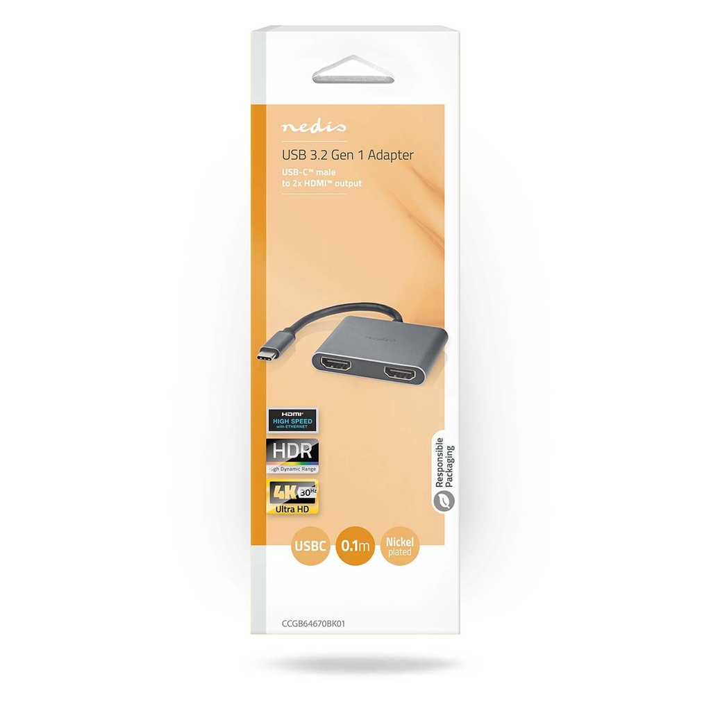 Nedis CCGB64670BK01 USB 3.2 Gen 1 Adapter USB-C 2x HDMI  4K@30Hz 10cm Vernikkeld Zwart 