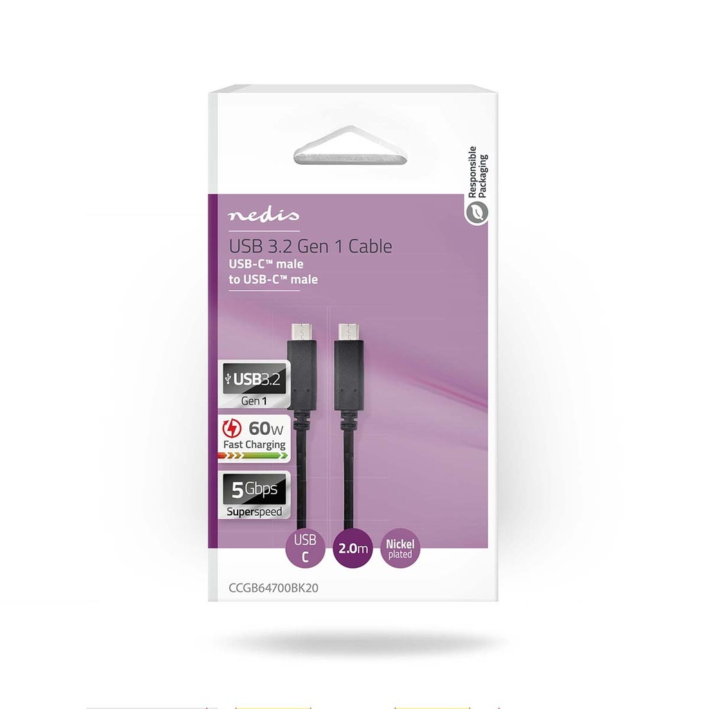 Nedis CCGB64700BK20 USB 3.2 Gen 1-Kabel USB-C 60 W 4K@60Hz 5 Gbps Vernikkeld 2m Zwart