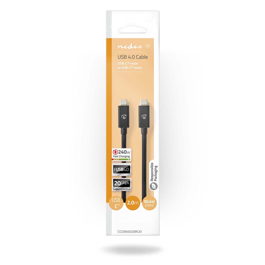 Nedis CCGB66020BK20 USB 4.0 Gen 2x2-Kabel USB-C 240 W 8K@60Hz 20 Gbps Vernikkeld 2m Zwart