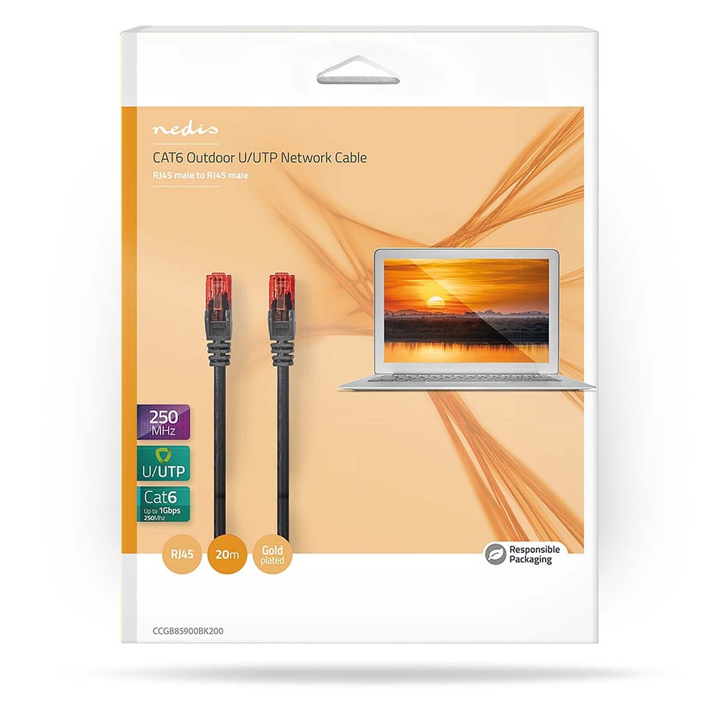 Nedis CCGB85900BK200 CAT6 Netwerkkabel RJ45 U/UTP 20m Buitenshuis PVC Zwart 