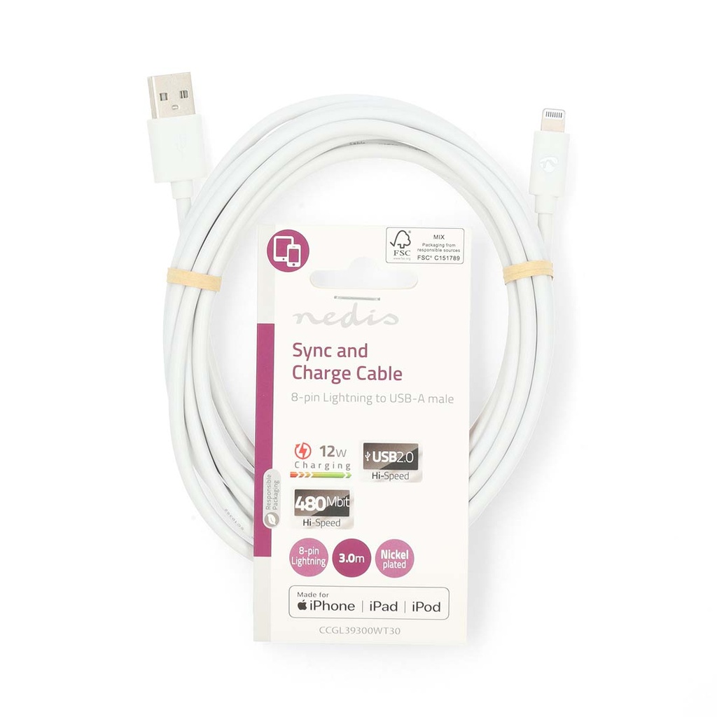 Nedis CCGL39300WT30 Lightning Kabel USB 2.0 Lightning  USB-A 480 Mbps Vernikkeld 3m Wit