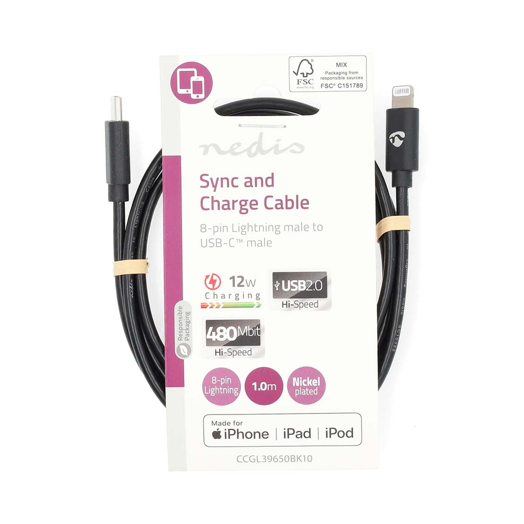 Nedis CCGL39650BK10 Lightning Kabel USB 2.0 Lightning - USB-C 480 Mbps Vernikkeld1m Zwart 