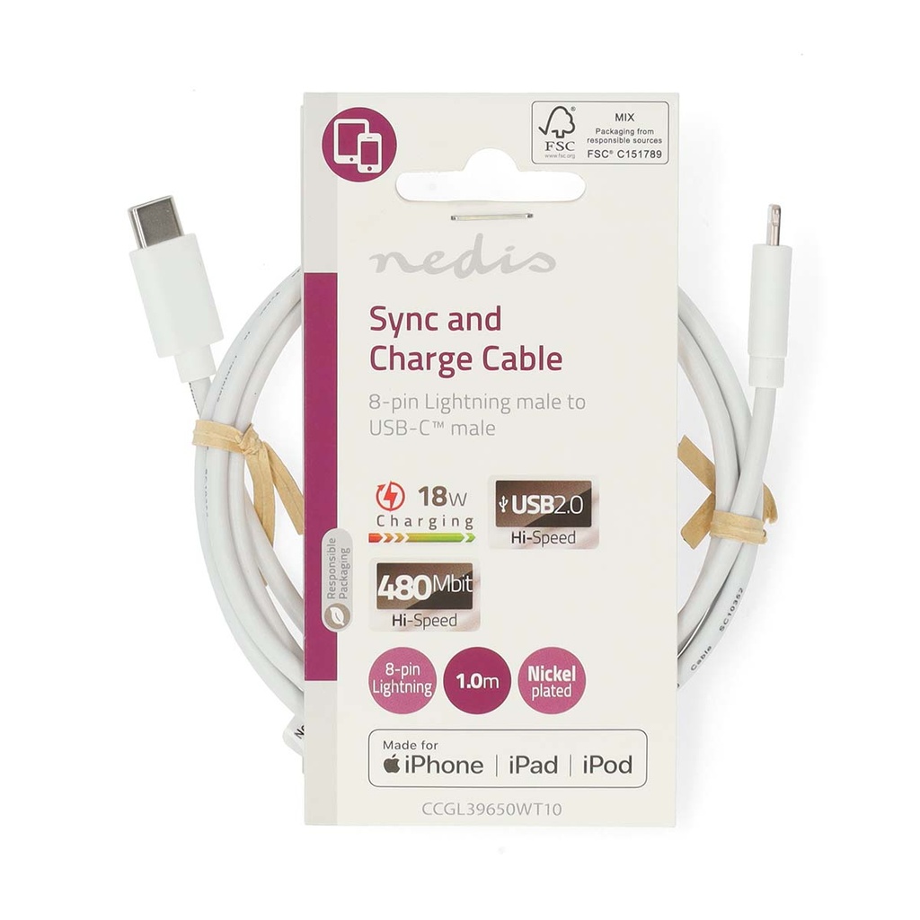 Nedis CCGL39650WT10 Lightning Kabel USB 2.0 Lightning - USB-C 480 Mbps Vernikkeld 1m Wit 