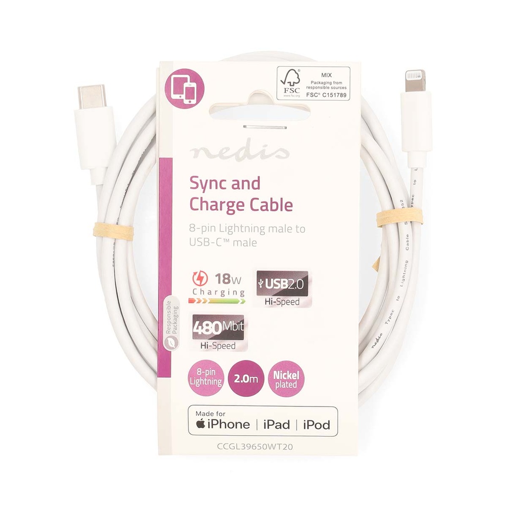 Nedis CCGL39650WT20 Lightning Kabel USB 2.0 Lightning - USB-C 480 Mbps Vernikkeld 2m Wit