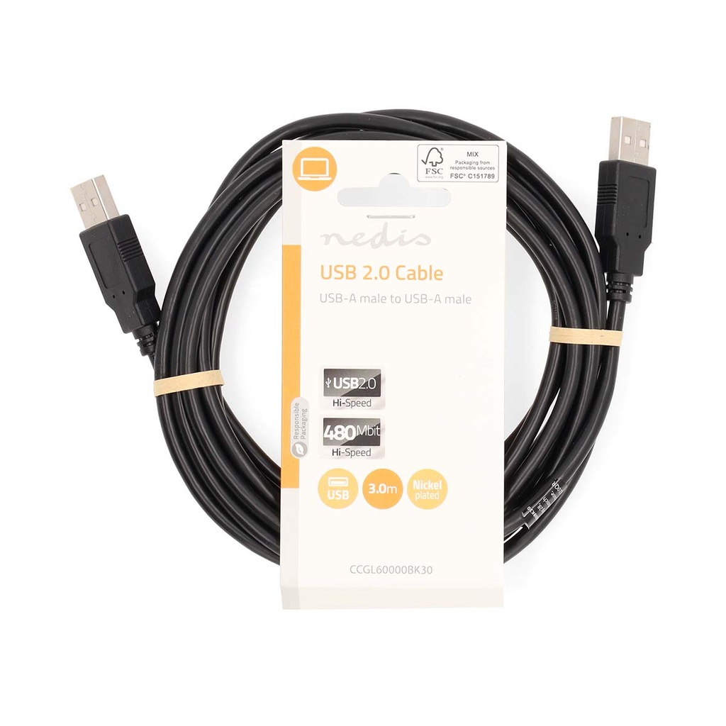 Nedis CCGL60000BK30 USB 2.0-Kabel USB-A 480 Mbps Vernikkeld 3m Zwart