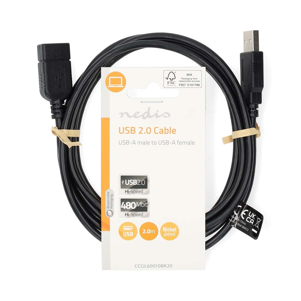 Nedis CCGL60010BK20 USB 2.0-Kabel USB-A - USB-A Vrouwelijk 480 Mbps Vernikkeld 2m Zwart