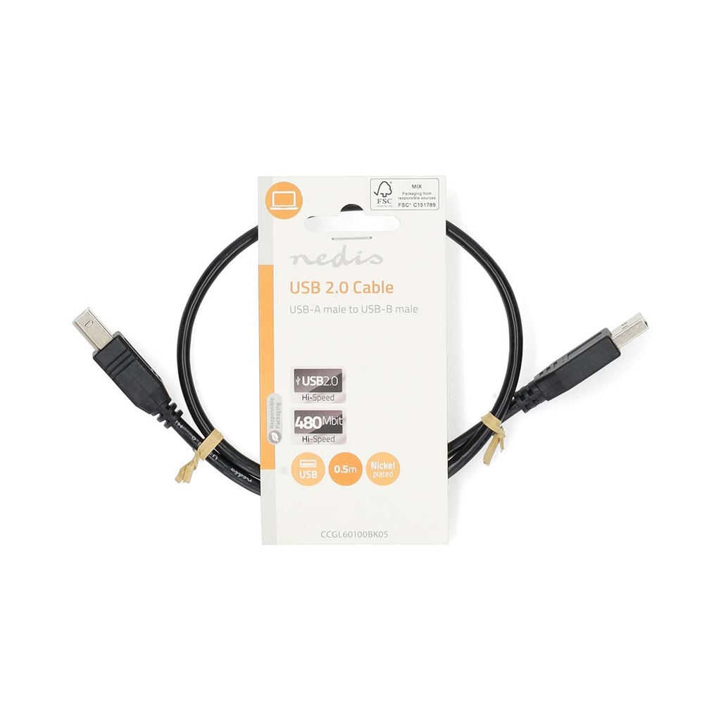 Nedis CCGL60100BK05 USB 2.0-Kabel USB-A - USB-B 10W 480 Mbps Vernikkeld 50cm Zwart