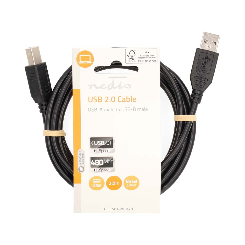 Nedis CCGL60100BK20 USB 2.0-Kabel USB-A - USB-B 10W 480 Mbps Vernikkeld 2m Zwart