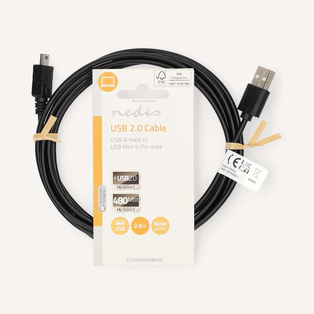 Nedis CCGL60301BK20 USB 2.0 -Kabel USB-A - Mini-USB 480 Mbps Vernikkeld 2m Zwart 