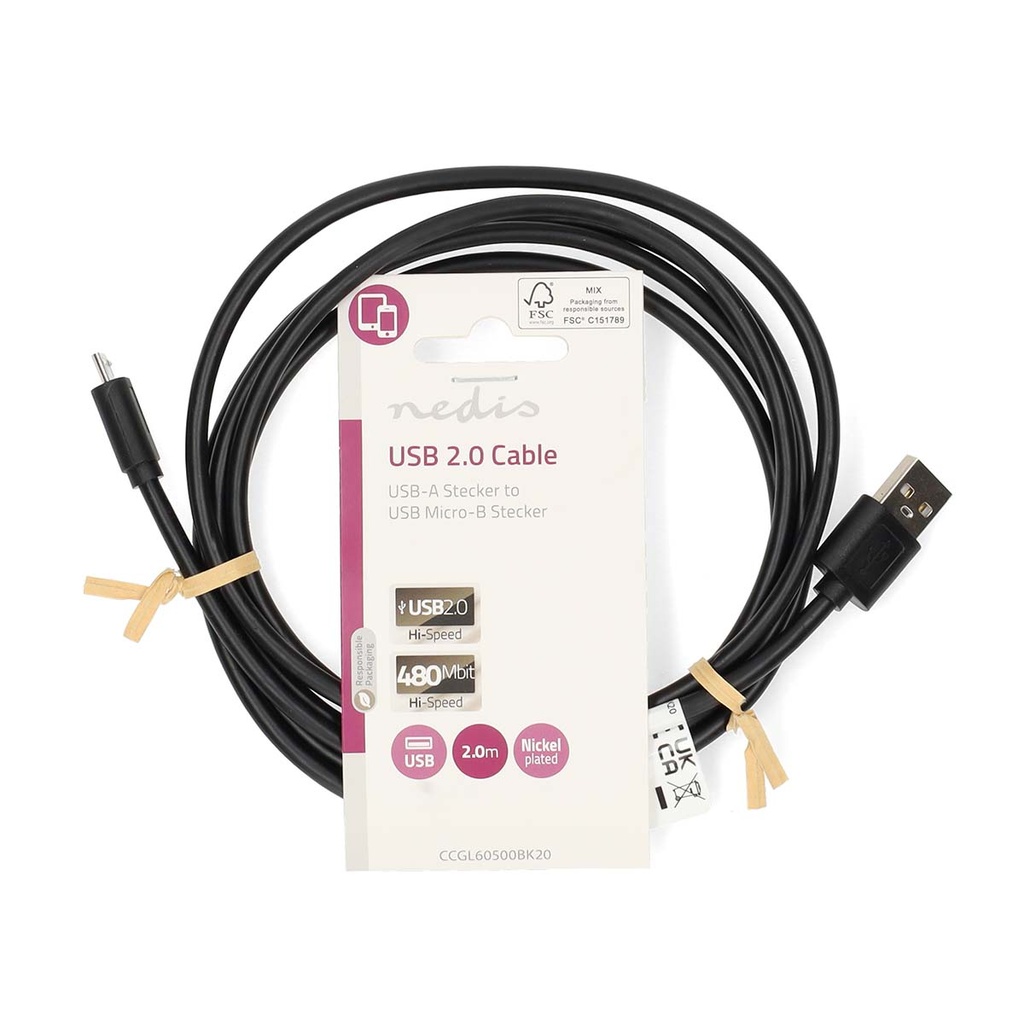 Nedis CCGL60500BK20 USB 2.0-Kabel USB-A - USB Micro-B 11W 480 Mbps Vernikkeld 2m Zwart 