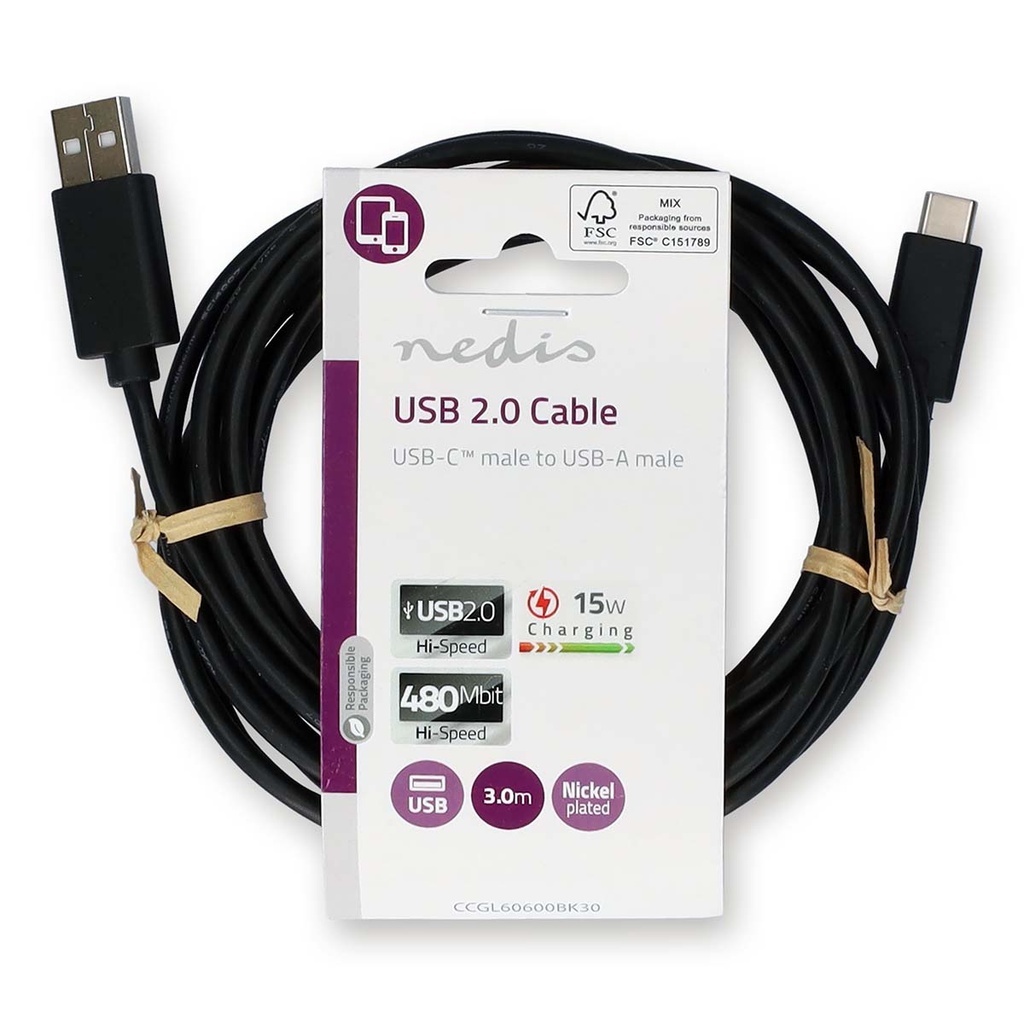 Nedis CCGL60600BK30 USB 2.0-Kabel USB-A - USB-C 15W 480 Mbps Vernikkeld 3m Zwart