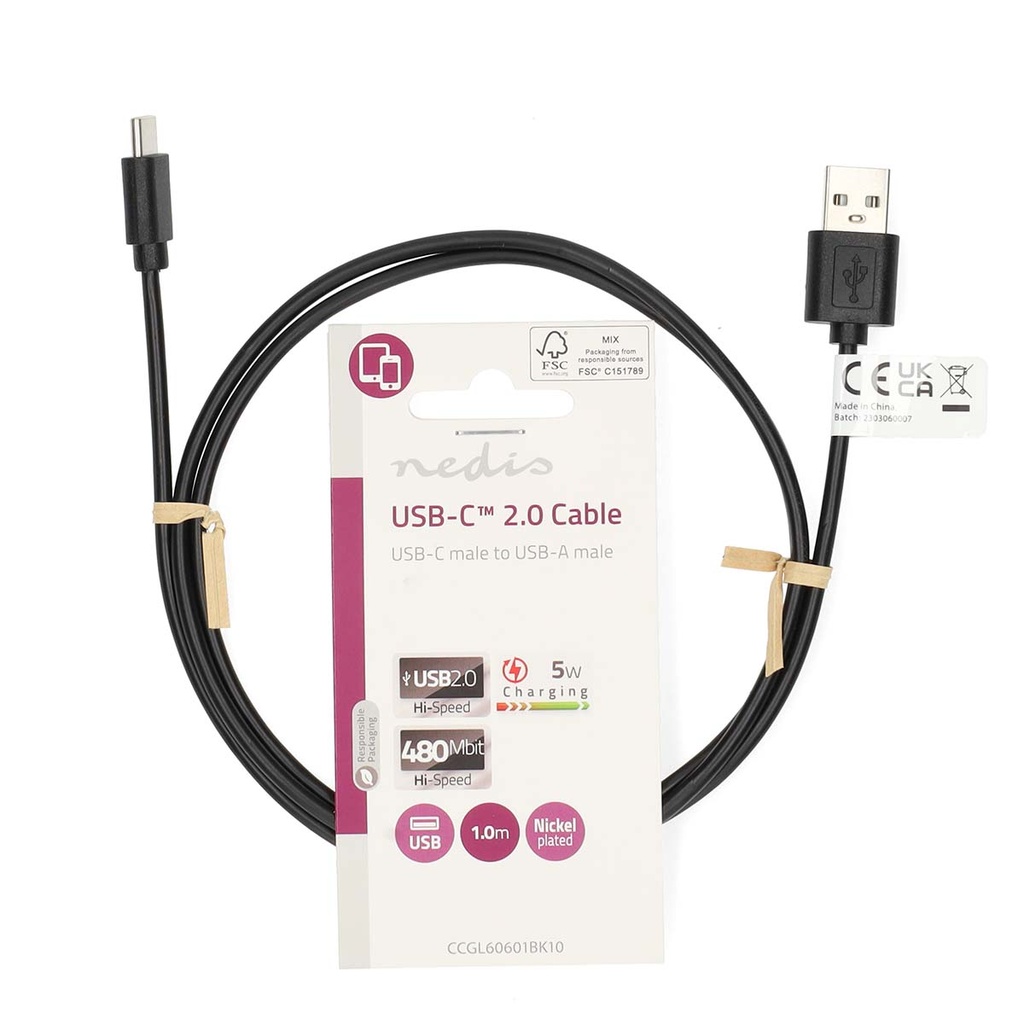 Nedis CCGL60601BK10 USB 2.0-Kabel USB-A - USB-C 5W 480 Mbps Vernikkeld 1m Zwart 