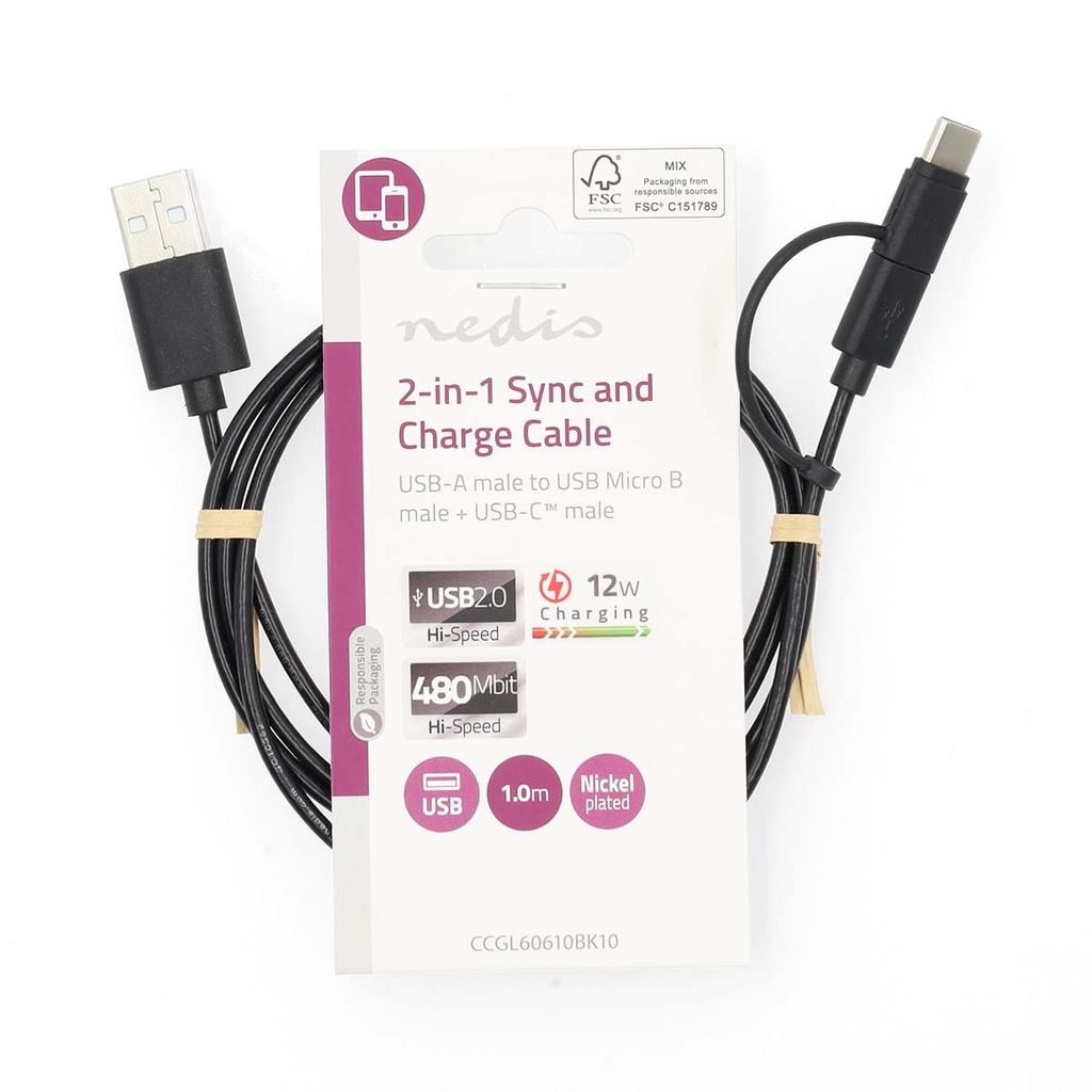 Nedis CCGL60610BK10 2-in-1 USB 2.0-Kabel USB-A - USB Micro-B / USB-C 480 Mbps 1m Vernikkeld Zwart