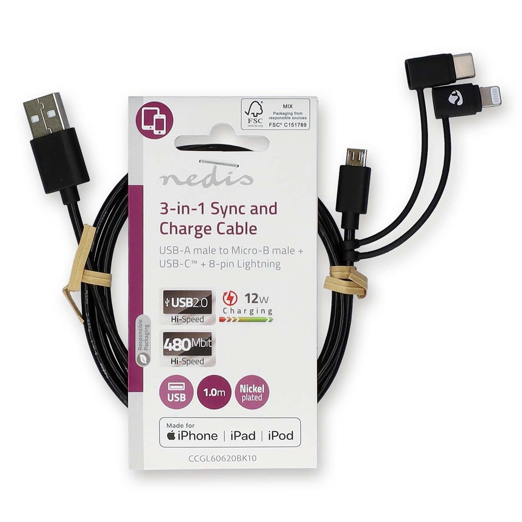 Nedis CCGL60620BK10 3-in-1 USB 2.0-Kabel USB-A - Lightning / USB Micro-B / USB-C 480 Mbps 1m Zwart