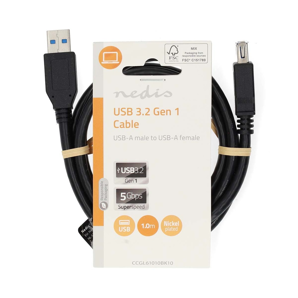 Nedis CCGL61010BK10 USB 3.2 Gen 1-Kabel USB-A - USB-A Vrouwelijk 5 Gbps Vernikkeld 1m Zwart 