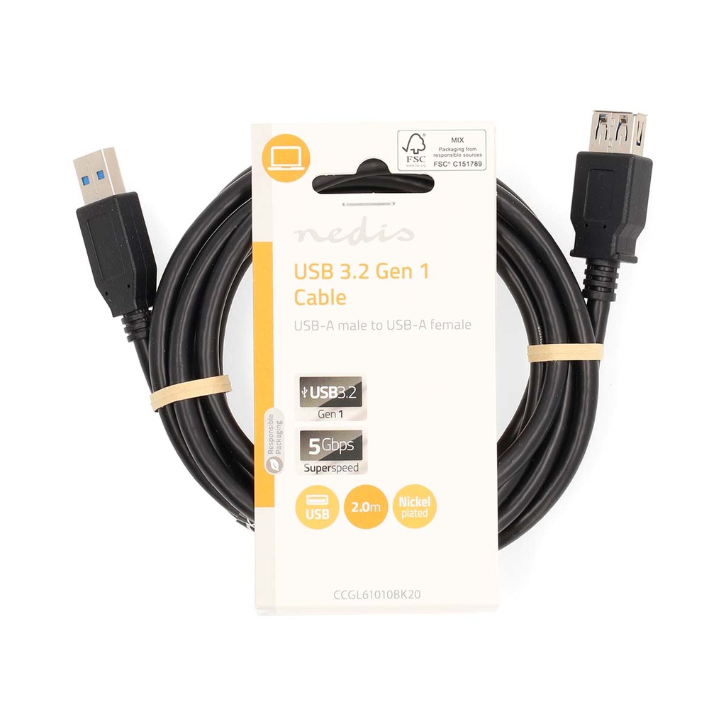 Nedis CCGL61010BK20 USB 3.2 Gen 1-Kabel USB-A - USB-A Vrouwelijk 5 Gbps Vernikkeld 2m Zwart 