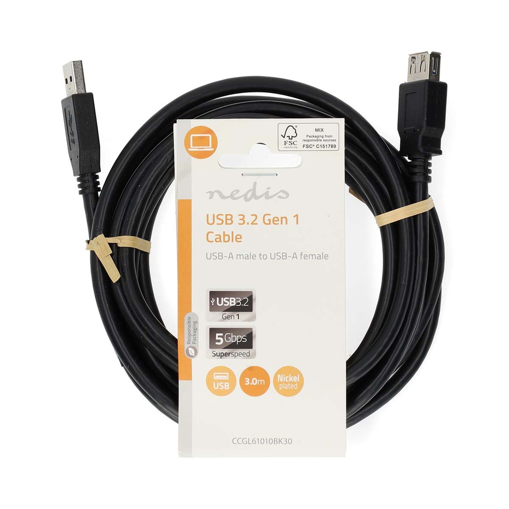 Nedis CCGL61010BK30 USB 3.2 Gen 1-Kabel USB-A - USB-A Vrouwelijk 5 Gbps Vernikkeld 3m Zwart 