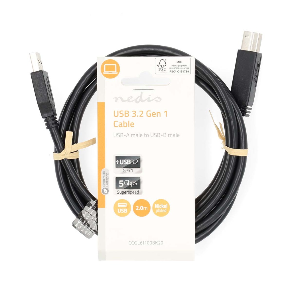 Nedis CCGL61100BK20 USB 3.2 Gen 1-Kabel USB-A - USB-B 5 Gbps Vernikkeld 2m Zwart