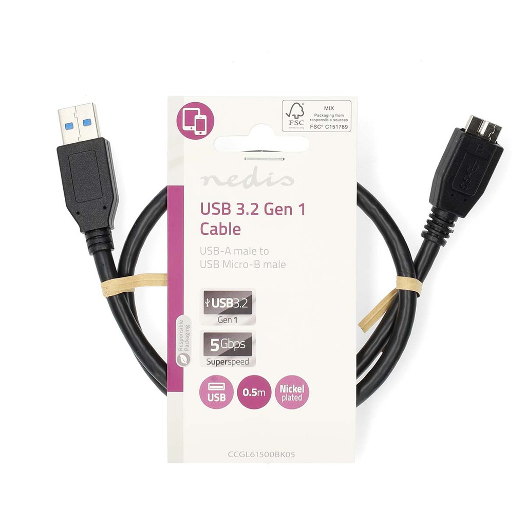 Nedis CCGL61500BK05 USB 3.2 Gen 1-Kabel USB-A - USB Micro-B 5 Gbps Vernikkeld 50cm Zwart